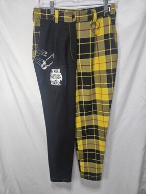 Split Plaid Punk Pants Womens 10 Yellow Black Grunge Safety Pin Goth Alt